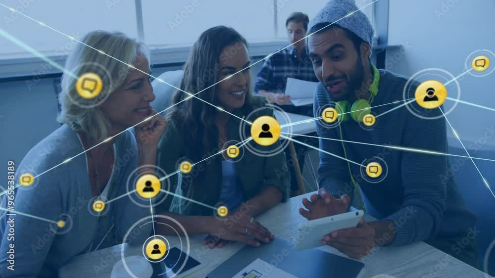 Sticker Animation of network of connections with people icons over diverse business people in office