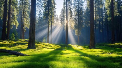 Fototapeta premium A forest with sunlight shining through the trees and grass, AI