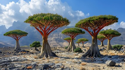 Fototapeta premium An alien-like landscape featuring the unique dragon blood trees on Socotra Island, their umbrella-like canopies creating a surreal and otherworldly scene. The trees' thick, blood-red sap and 