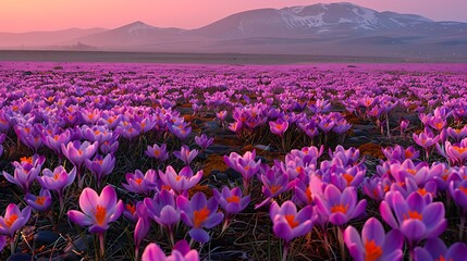 A vibrant field of saffron crocuses in full bloom, their delicate purple flowers carpeting the landscape. The golden stamens of the crocuses, which produce the valuable saffron spice, glow in 
