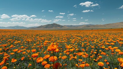Fototapeta premium A vibrant field of bright orange marigolds in full bloom, capturing the essence of the Day of the Dead celebration. The flowers' rich, warm hues contrast against the clear sky, symbolizing life, 