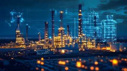 A large industrial plant with many tall buildings and a network of lines connecting them. Concept of complexity and interconnectedness, as if the entire plant is a part of a larger system