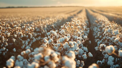 A vast field of cotton plants in full bloom, with fluffy white bolls covering the landscape like a blanket of snow. The crisp, clean lines of the rows create a sense of order and beauty in nature's 
