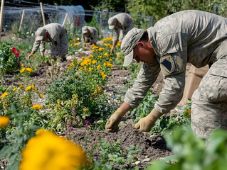 Dedicated Soldiers Engaging in Community Gardening Activities, Showcasing Camouflage Uniforms, Vibrant Yellow Marigolds, Lush Green Foliage, Themes of Nature Connection and Hard Work in Military