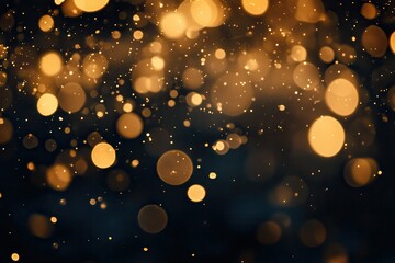 Shimmering golden blur with bokeh highlights set against a shadowy background. Theme of joyful festivities