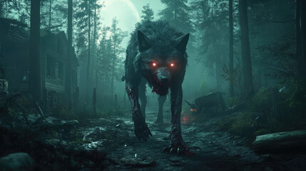 A horrifying zombie wolf with torn fur and glowing eyes, prowling through a shadowy, moonlit forest.