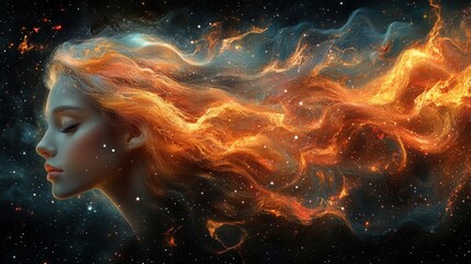 A surreal portrait of a woman with flowing hair and ethereal features, surrounded by swirling patterns and celestial bodies, evoking a sense of otherworldly beauty and mystery
