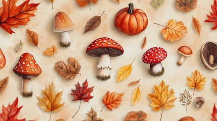 Seamless fall pattern with mushrooms, pumpkins, and leaves on a warm beige background, evoking a cozy autumn forest atmosphere.