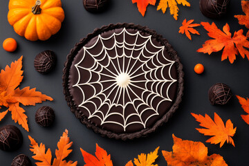 Chocolate tart with spider web design and spider decoration on black background. Concept of Halloween dessert