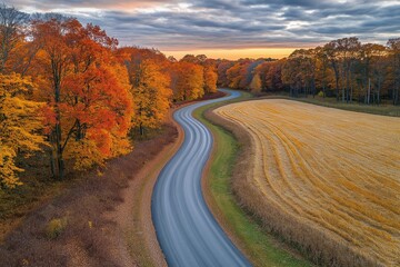 Naklejka premium Drone shot of a winding road through autumn trees and golden fields, with the vibrant orange and red foliage contrasting beautifully with the rural landscape under a moody sky