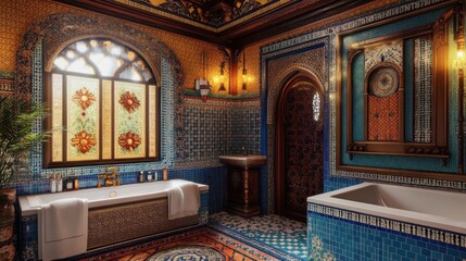 Fototapeta premium Luxurious bathroom with intricate mosaic tilework, arched windows, and a freestanding tub.