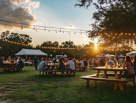 Twilight Outdoor Gathering in Vibrant Green Field with Picnic-Style Wooden Tables, Groups Engaged in Lively Conversation and Laughter Under Warm Golden Sunset Glow Behind Trees