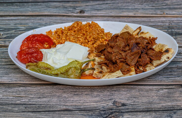 Meat doner menu, iskender menu on plate, turkish special meat doner, food, special menu (Turkish...