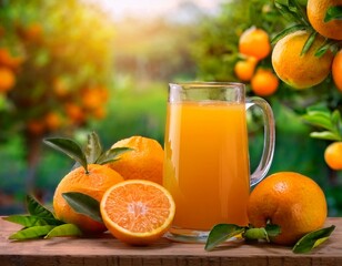 Orange juice with fresh orange fruits in orange farming background. ai generated
