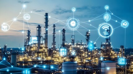 Fototapeta premium A city skyline with a lot of technology and a lot of lights. The lights are connected to each other and the city