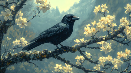 Fototapeta premium the crow perched on a tree branch
