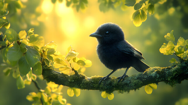 cute baby crow is perched on a tree branch