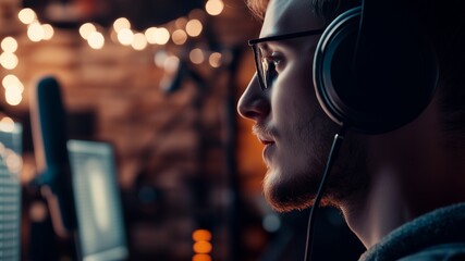 Podcast Host in Action, a charismatic podcast host wearing headphones, passionately speaking into a microphone. background shows a blurred cozy studio with dim ambient lighting softly glowing monitors
