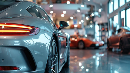 Luxurious expensive sports car stands in showroom against background of other cars