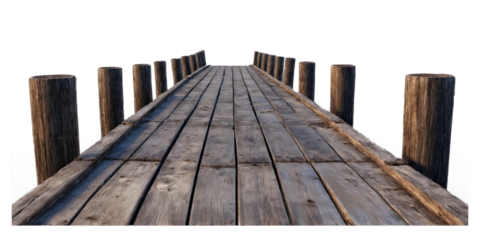 Old wooden bridge with weathered planks and rustic pillars, isolated on a transparent background.