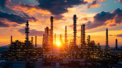 Fototapeta premium A large industrial plant with many tall towers and a beautiful sunset in the background. The sky is filled with clouds, giving the scene a serene and peaceful atmosphere
