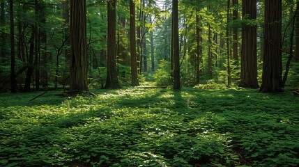 Obraz premium A peaceful scene in a redwood forest, where a carpet of lush green redwood sorrel covers the forest floor beneath towering giant trees. Sunlight filters through the thick canopy above, creating 