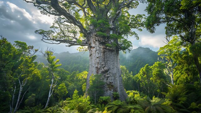 A massive kauri tree, its trunk of enormous girth, standing tall in the lush native forest of New Zealand. The tree's ancient presence is felt in the dense, verdant surroundings, where its towering 