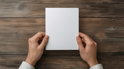 Obraz premium Blank Brochure Mockup: Hands holding a blank, white brochure on a rustic wood background. Perfect for showcasing your design concepts and marketing materials. 