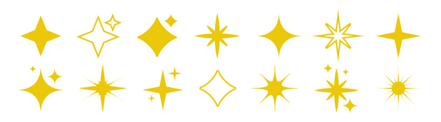 Star icon collection. Different star shapes. Shiny twinkle sparks. 