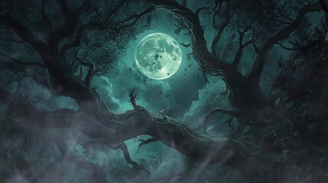 Full moon glowing between dead tree branches in a misty fantasy forest at night
 seamless looping 4k time-lapse virtual video animation background. generated ai