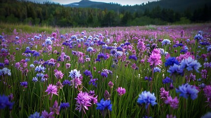 Obraz premium A lush meadow filled with purple-blue camas flowers in full spring bloom, their vibrant colors creating a stunning natural mosaic. The delicate petals of the camas sway gently in the breeze, 