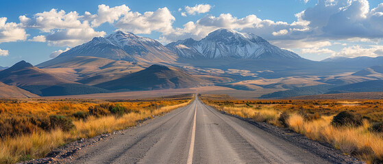 long wide straight road with green meadows around it and a backdrop of high mountains