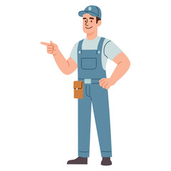 Flat vector illustration. Man plumber pointing at something with finger, white background . Vector illustration
