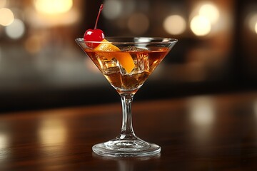 A classic Manhattan cocktail with a maraschino cherry and a twist of orange peel served in a martini glass