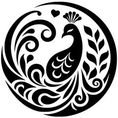 Beautiful peacock silhouette in a circle
