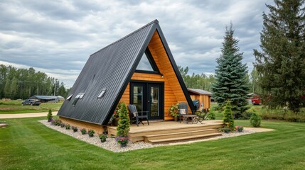 Obraz premium A-frame cabin with black metal roof and wood siding, deck, and landscaping.