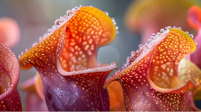 A close-up view of Heliamphora, known as the sun pitcher plant, native to the tepui habitats of South America. The plant's unique, tubular pitchers glisten with nectar, inviting insects into 