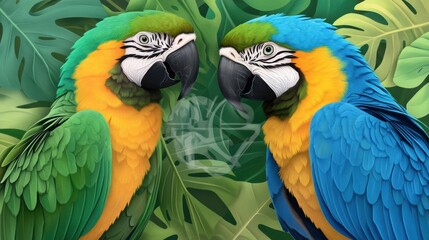 Obraz premium Two colorful parrots are standing next to each other on a leafy background, AI