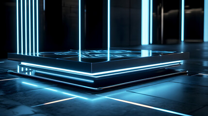 Obraz premium podium made of black glass with glowing neon patterns underneath, creating a futuristic and bold