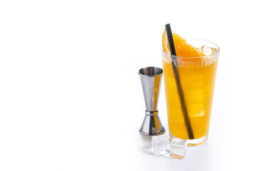 Orange vodka cocktail (screwdriver cocktail) isolated on white background. Copy space