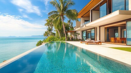Fototapeta premium A luxurious villa with an infinity pool overlooking a serene ocean landscape.