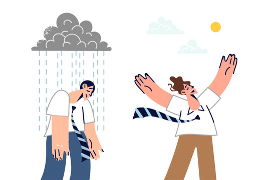 Influence of weather on mood of business man who is happy sun comes out and sad it rains