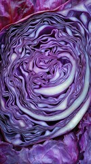 Obraz premium Close-up of a cut red cabbage revealing intricate patterns, natural light, rich colors, vegetable, geometric beauty in nature