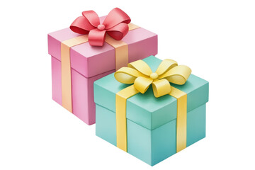 Fototapeta premium Two beautifully wrapped gift boxes in pink and teal with vibrant bows, perfect for celebrations and special occasions.