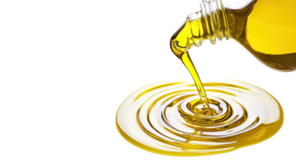 Golden liquid oil pouring from a bottle, creating ripples on the surface, perfect for culinary and healthy lifestyle themes.