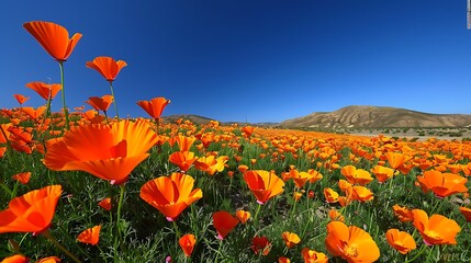 A breathtaking field of bright orange California poppies in full super bloom, stretching as far as the eye can see under a clear blue sky. The vibrant colors of the flowers contrast sharply 