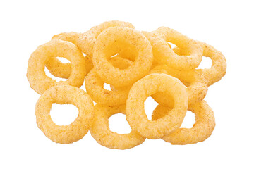 Crispy ring snacks isolated on white background. Corn onion rings in bowl isolated on white background. Crispy onion rings, isolated on white background. Snacks for watching movies.