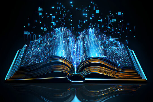 A glowing open book with digital data emerging, symbolizing knowledge and technology.