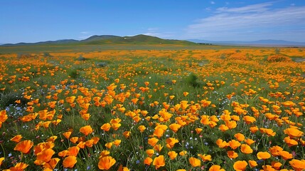 Fototapeta premium A breathtaking field of Eschscholzia californica, or California poppies, in a rare super bloom, where vibrant orange flowers blanket the landscape. The brilliant poppies create a sea of color 