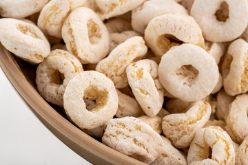 sweet corn rings. Tasty sweet cereal rings isolated on white heap of cereal cheerios on white background, delicious and useful rings breakfast cereal. breakfast cereal sweet rings isolated on white 
